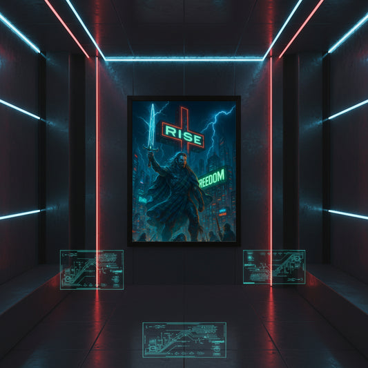 William Wallace poster with a character holding a sword and neon text 'RISE' and 'FREEDOM' against a cityscape background. Cyberpunk poster.