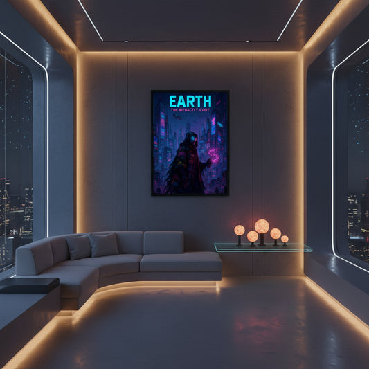 Earth space poster. Cyberpunk sci fi poster.