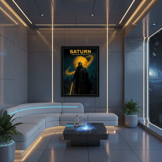 Saturn space poster, 'Saturn: The Ring Syndicate' with a silhouette of a person holding a light saber against a Saturn-like planet. Cyberpunk poster.