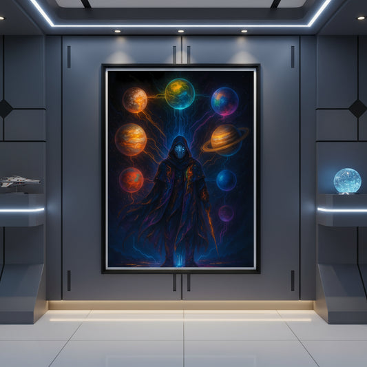 Artistic depiction of a figure with colourful celestial bodies around them on a dark background. Solar system poster. Space poster.