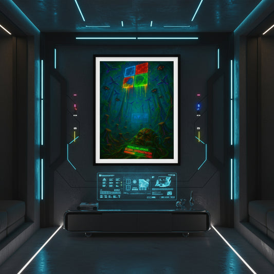 Futuristic interface with glowing squares on a dark background. Dystopian corporate poster.