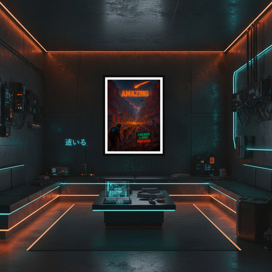 Futuristic landscape with neon text 'AMAZING' and 'SACRED LAND FULFILLED' on a white background. Dystopian corporate poster.