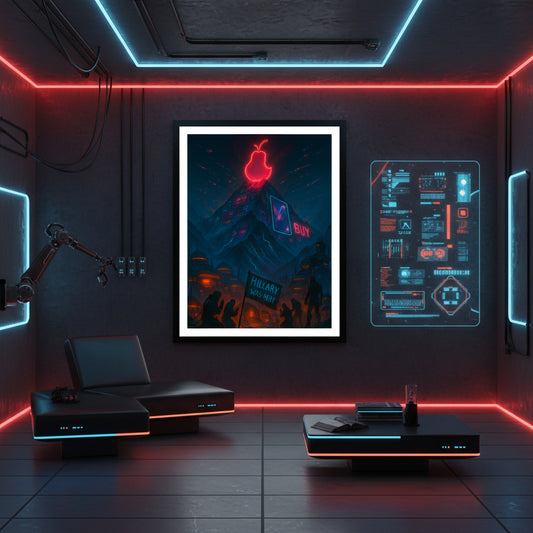 Artistic depiction of a neon sign with a red apple and 'BUY' text, set against a dark background. Mount Everest poster. Dystopian corporate poster.