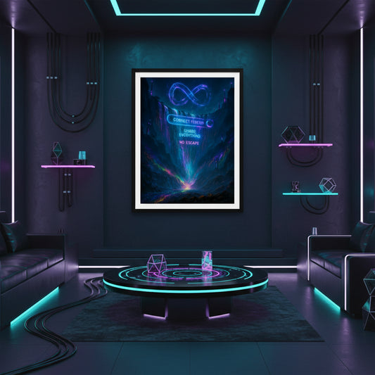 Futuristic design with neon text and infinity symbol on a dark background. Dystopian corporate poster.