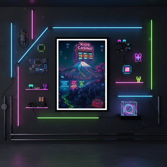 Neon sign of a kids casino with a mountain in the background. Dystopian corporate poster.