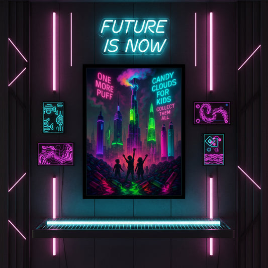 Neon cityscape with text 'One More Puff' and 'Candy Clouds for Kids' on a white background. Vape poster. Dystopian corporate poster.