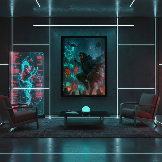 Futuristic cityscape with a character and neon signs, featuring the word 'Unite'. Che Guevara poster. Cyberpunk poster.