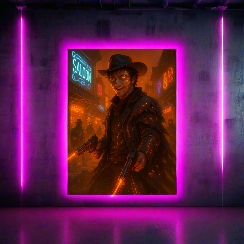 Billy the Kid Cyberpunk Poster – The Neon Outlaw Gunslinger | Futuristic Sci-Fi Wall Art