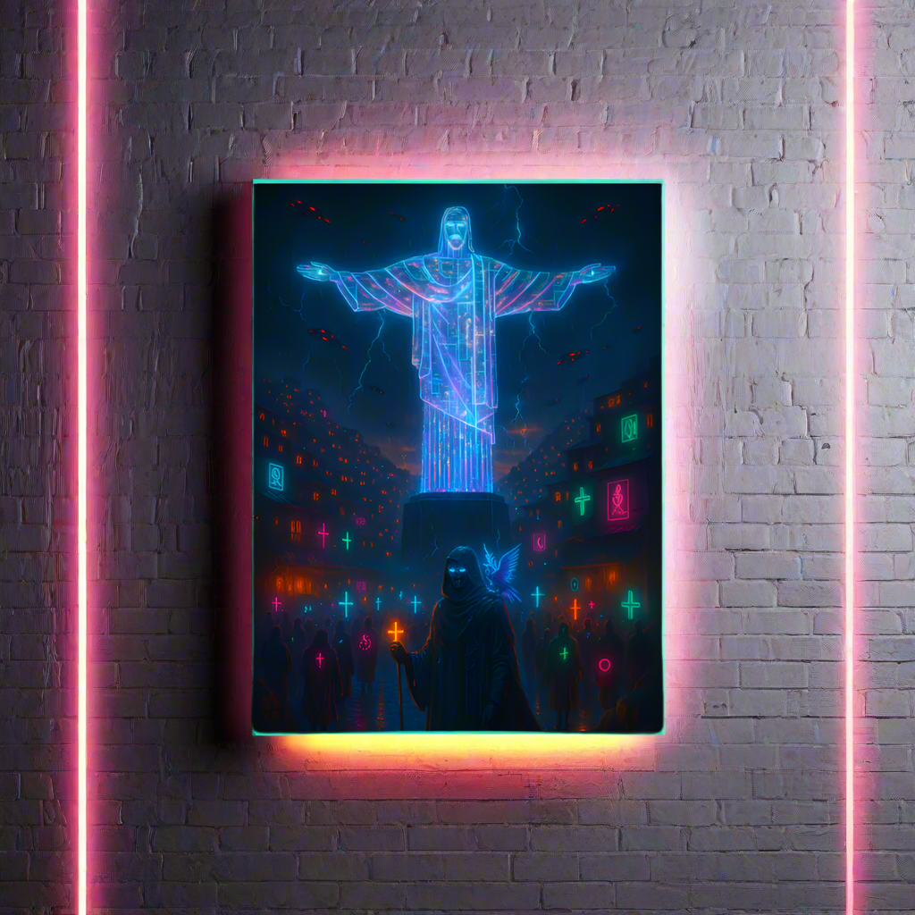 Christ the Redeemer Cyberpunk Poster – The Neon Savior | Futuristic Sci-Fi Wall Art