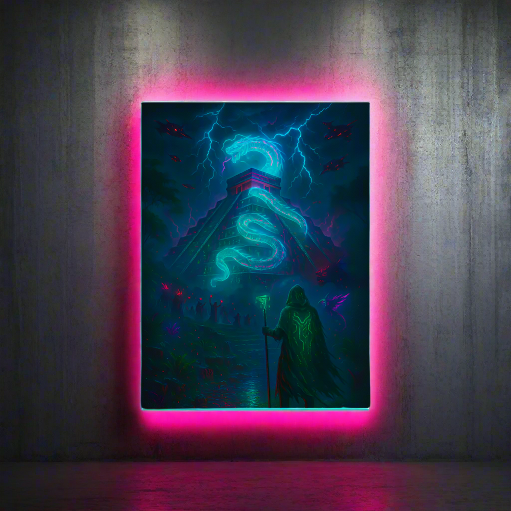 Chichén Itzá Cyberpunk Poster – The Neon Pyramid of Time | Futuristic Sci-Fi Wall Art