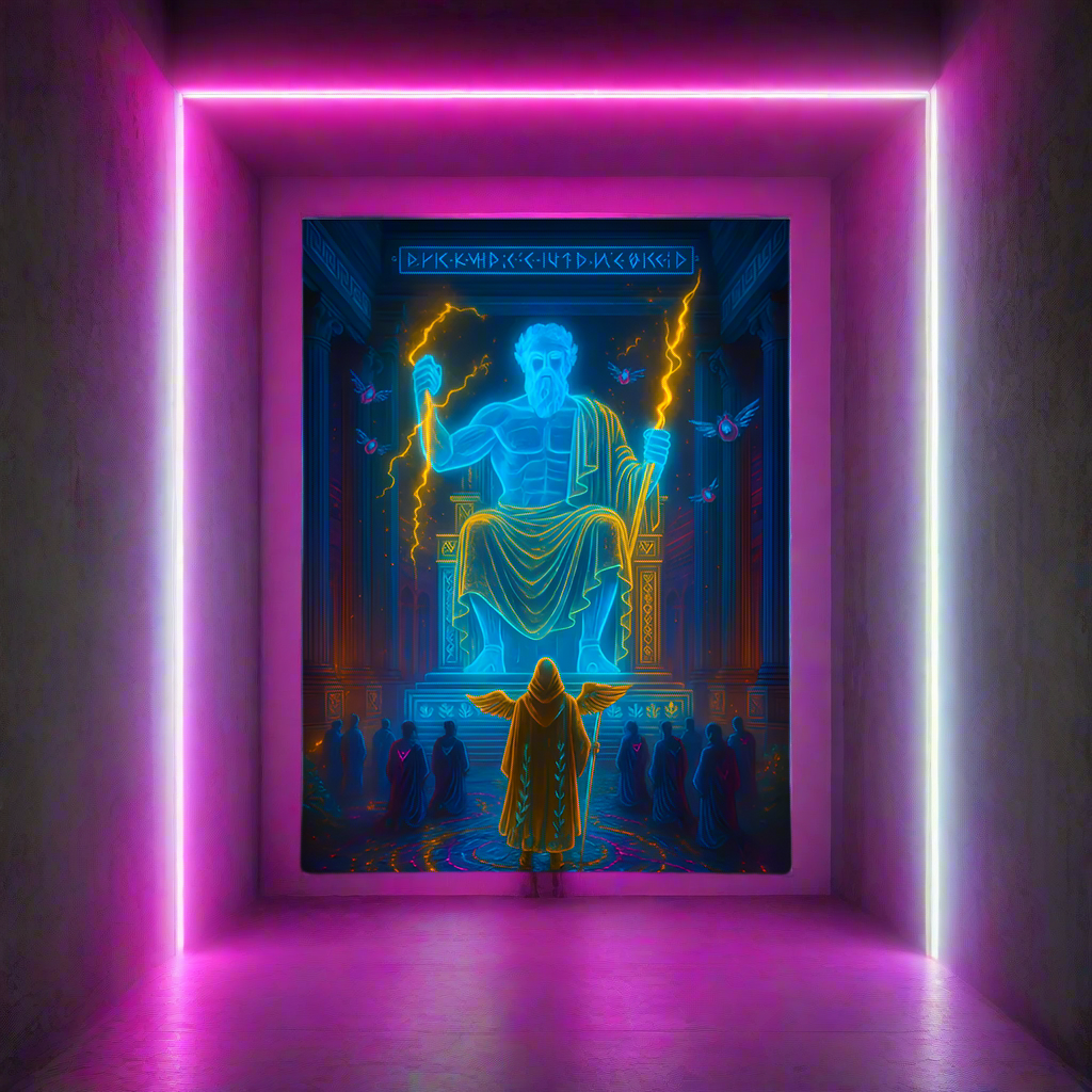 Statue of Zeus at Olympia Cyberpunk Poster – The Holographic God-King | Futuristic Sci-Fi Wall Art