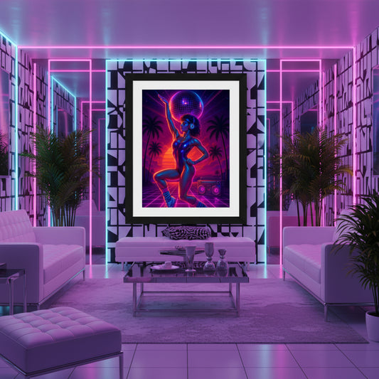 Neon-style poster of a woman holding a disco ball with palm trees and a radio in the background. Retro workout poster. 80s Synthwave art poster.