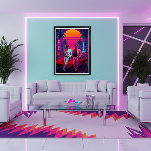 Two detectives in suits standing next to a red sports car with a vibrant, neon-lit cityscape in the background. 80s Synthwave art poster.