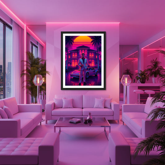 Drug lord in a suit standing next to a car with a retro-futuristic sunset and palm trees in the background. 80s Synthwave art poster.