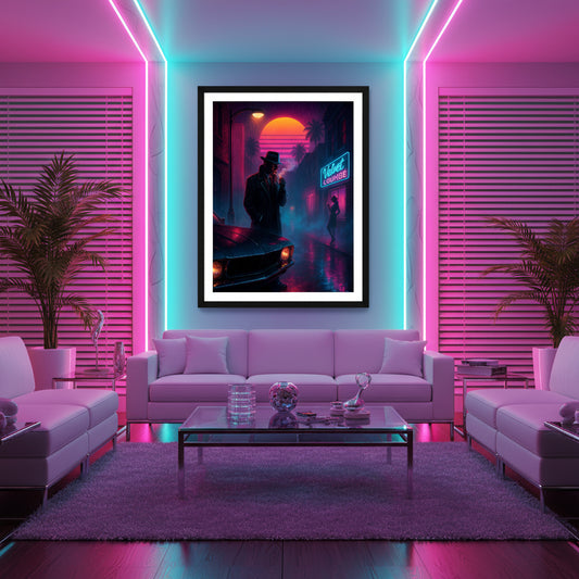 Neon-lit street scene with a silhouette of a person, car, and 'Velvet Lounge' sign. Noir detective poster. 80s Synthwave art poster.
