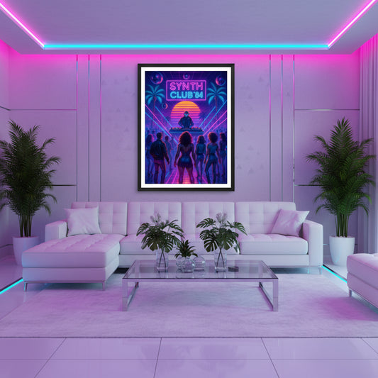Synth club 84 poster with a DJ and people dancing in a futuristic setting. 80s Synthwave art poster.