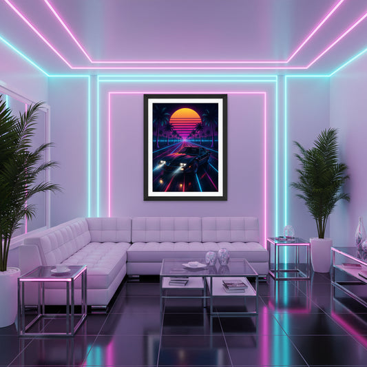 Neon retro car scene with palm trees and sunset on a white background. 80s Synthwave art poster.