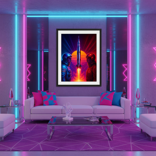 Two astronauts in space suits looking at a rocket launch with a colourful background. Space race poster. 80s Synthwave art poster.