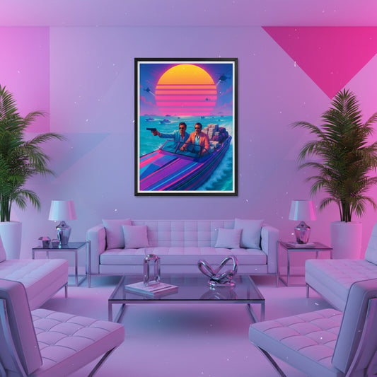 Artistic depiction of two men in a boat with a futuristic sunset background. 80s Synthwave art poster.