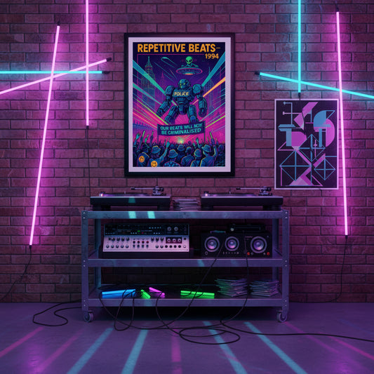 Futuristic poster with robot, alien, and cityscape design on a white background. 90s rave poster.