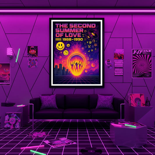 Poster with retro design featuring text 'The Second Summer of Love 1988-1990' and colourful graphics on a white background. 90s rave poster.