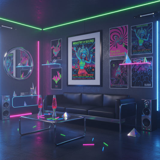 Ministry of Sound flyer with colourful design and text on a white background. 90s rave poster.