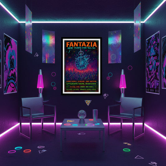 Promotional poster for Fantazia New Year's Eve '92-'93 event with clock and crowd design. 90s rave poster.