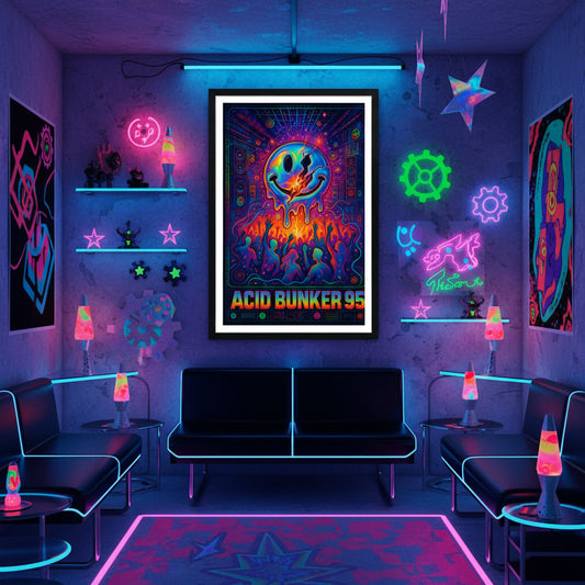 Colourful poster with a smiley face and text 'Acid Bunker 95' on a black background. 90s rave poster.
