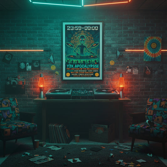 Alien DJ at turntables with 'Y2K Apocalypse' text on a dark background. 90s rave poster.