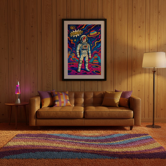 Colourful poster with an astronaut and 'Stardust!' text on a white background. 70's retro futurism and psychedelic pop art poster