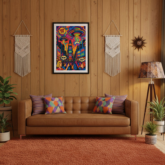 Colorful comic book-style poster with a cityscape, UFO, and people with speech bubbles on a white background. Space invaders retro poster. 70's retro futurism and psychedelic pop art poster.