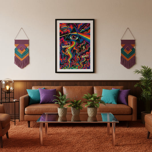 Colourful Pink Floyd psychedelic design with geometric shapes and text on a white background. 70's retro futurism and psychedelic pop art poster