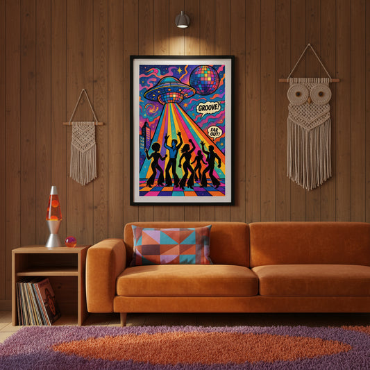 Colorful poster with silhouettes of people dancing, a UFO, and disco balls on a white background. 70s Disco retro poster. 70's retro futurism and psychedelic pop art poster