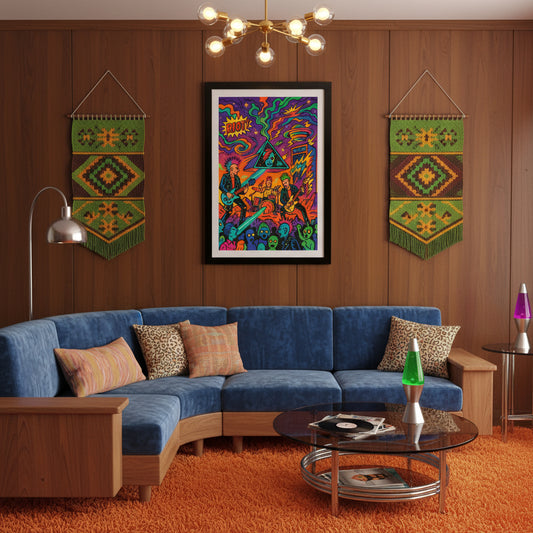 Colourful graphic design with musicians and abstract elements on a white background. Punk rock poster. 70's retro futurism and psychedelic pop art poster.