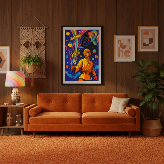 Colorful poster with a character holding a lightsaber, surrounded by space-themed elements and text. 70's retro futurism and psychedelic pop art poster