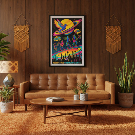 Colourful poster of Woodstock festival with silhouettes of people, a dove, and text on a black background. 70's retro futurism and psychedelic pop art poster