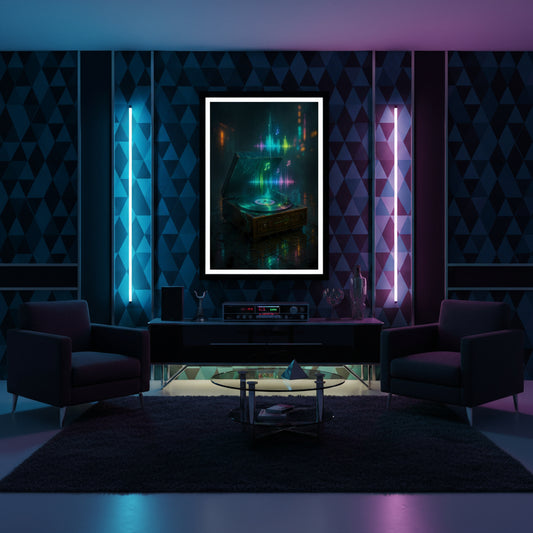 Futuristic record player with colourful sound wave graphics on a dark background. Retro poster.