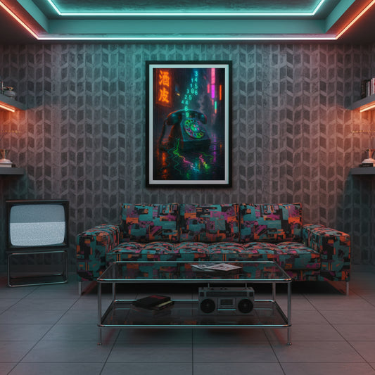 Neon-lit vintage telephone with colourful lights on a reflective surface. Retro poster.