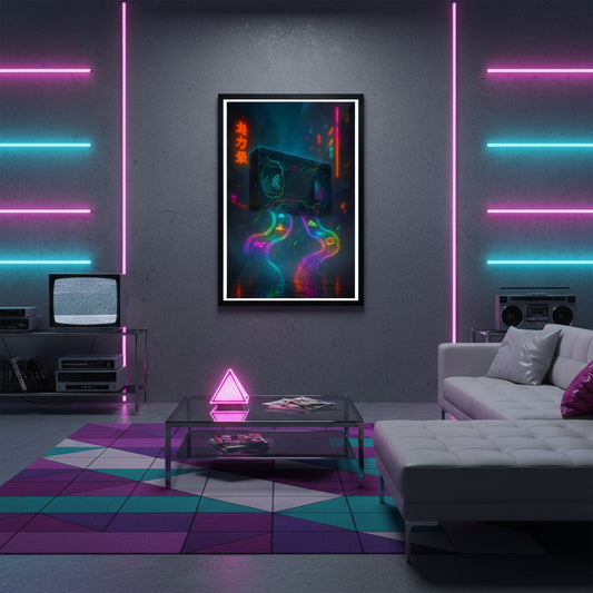 Neon VHS tape with colourful design on a dark background. Retro poster.