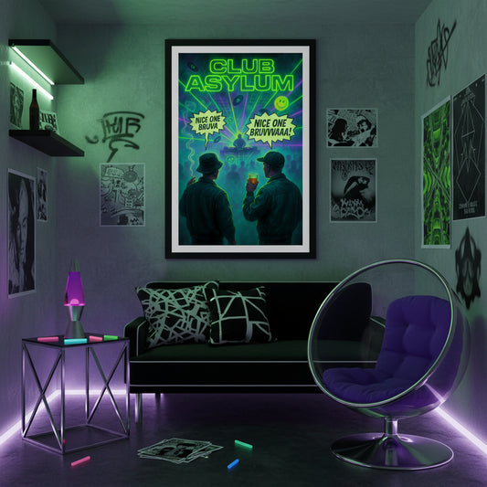 Poster for 'Club Asylum' with two people holding drinks and neon text. Human traffic film poster. 90s rave poster.