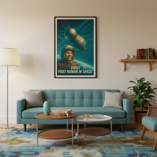 Poster of an astronaut with a space satellite and '1961 First Human in Space' text on a blue background. Space race poster.