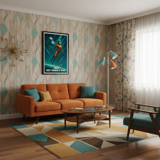 Poster of an astronaut in space with text '1963 First Woman in Space' on a white background. Space race poster.