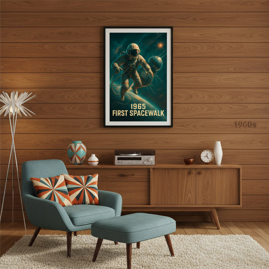 Poster of an astronaut in space with '1965 First Spacewalk' text on a white background. Space race poster.