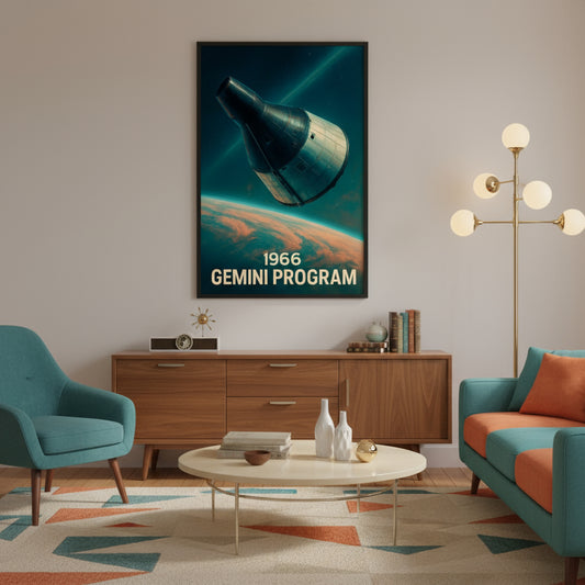 Poster of a space capsule over Earth with '1966 Gemini Program' text on a white background. Space race poster.