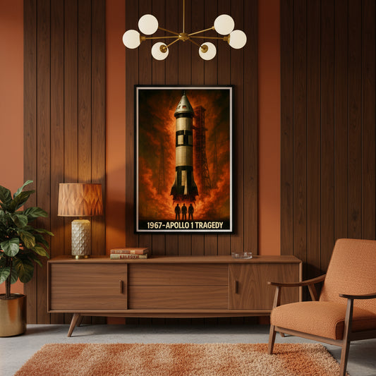 Poster of a rocket with two figures below it against an orange background, titled '1967 Apollo 1 Tragedy'. Space race poster.