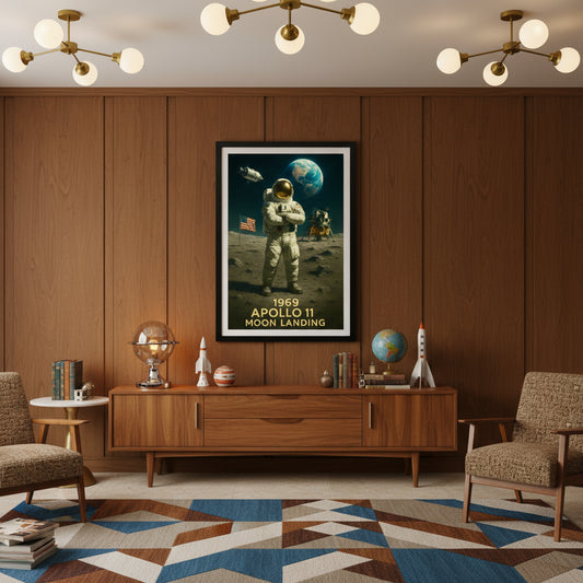 Poster of an astronaut on the moon with Earth in the background, featuring text about the Apollo 11 moon landing. Space race poster.
