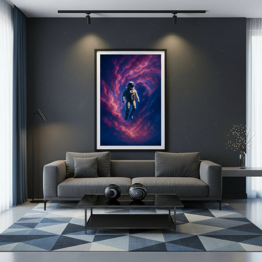 Astronaut floating in space with a vibrant pink and purple nebula background. Abstract space landscape poster.