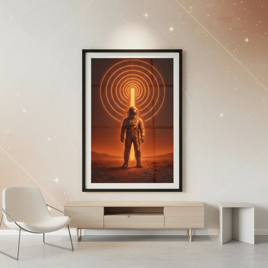 Astronaut standing on a barren landscape with a large circular light source in the background. Abstract space landscape poster.