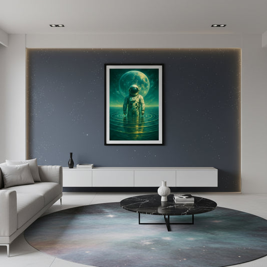 Astronaut standing in water with a large moon in the background. Abstract space landscape poster.
