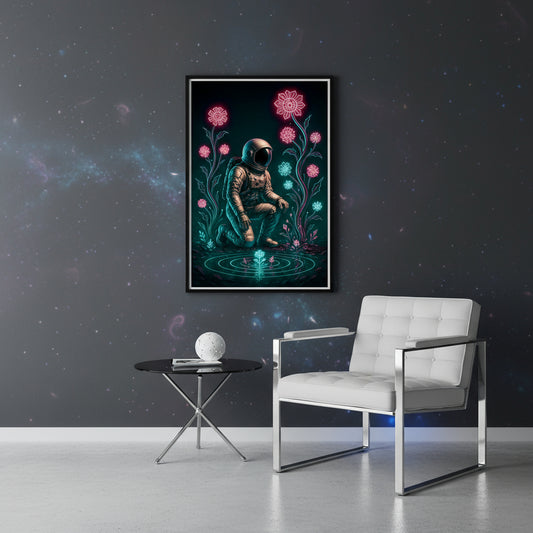Poster of an astronaut sitting among flowers on a dark background. Abstract space landscape poster.